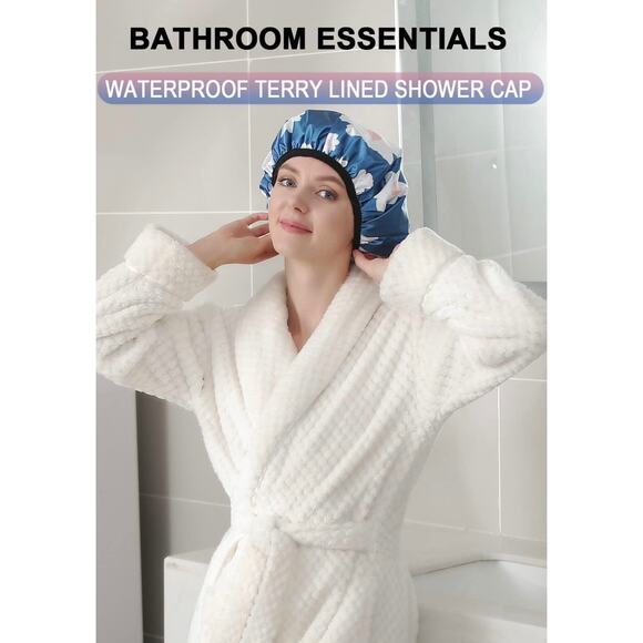 NWT Blue Floral Terry Lined Triple Layer Extra Large Reusable Shower Cap OS - Picture 4 of 7